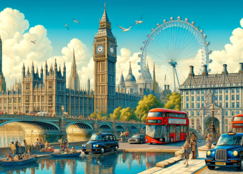 An illustration of iconic sights in London, England, including Big Ben, the London Eye, Tower Bridge, and Buckingham Palace. The scene is vibrant with a clear blue sky, the River Thames reflecting the landmarks, and typical London double-decker buses and black cabs on the streets. Pedestrians and tourists are visible, enjoying the lively city atmosphere