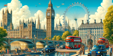 An illustration of iconic sights in London, England, including Big Ben, the London Eye, Tower Bridge, and Buckingham Palace. The scene is vibrant with a clear blue sky, the River Thames reflecting the landmarks, and typical London double-decker buses and black cabs on the streets. Pedestrians and tourists are visible, enjoying the lively city atmosphere