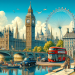 An illustration of iconic sights in London, England, including Big Ben, the London Eye, Tower Bridge, and Buckingham Palace. The scene is vibrant with a clear blue sky, the River Thames reflecting the landmarks, and typical London double-decker buses and black cabs on the streets. Pedestrians and tourists are visible, enjoying the lively city atmosphere
