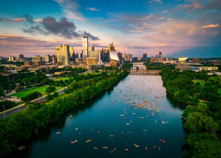 Colorful,Skyline,At,Golden,Hour,Blue,And,Pink,Clouds,Over