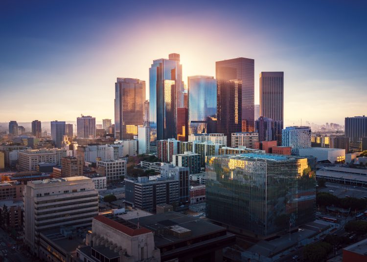 Sunset,Over,Los,Angeles,Downtown.,Retro,Colors.,California,Theme.,La