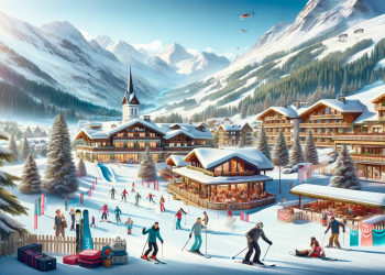 A picturesque scene of Club Med Valmorel with snow-capped mountains, skiers, snowboarders, chalet-style resort buildings, and activities like snowshoeing and tobogganing under a clear blue sky.
