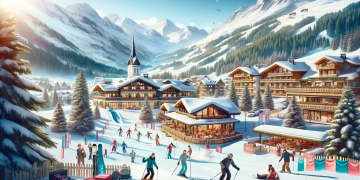 A picturesque scene of Club Med Valmorel with snow-capped mountains, skiers, snowboarders, chalet-style resort buildings, and activities like snowshoeing and tobogganing under a clear blue sky.
