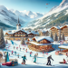 A picturesque scene of Club Med Valmorel with snow-capped mountains, skiers, snowboarders, chalet-style resort buildings, and activities like snowshoeing and tobogganing under a clear blue sky.
