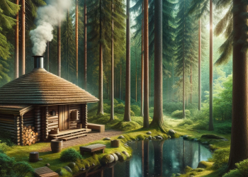 A traditional Estonian smoke sauna with a thatched roof nestled in a lush forest. Smoke gently rises from the rustic wooden structure, surrounded by tall pine trees and a serene pond nearby. Dappled sunlight filters through the trees, creating a peaceful atmosphere.