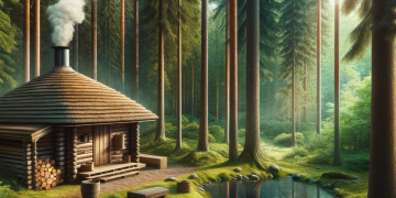 A traditional Estonian smoke sauna with a thatched roof nestled in a lush forest. Smoke gently rises from the rustic wooden structure, surrounded by tall pine trees and a serene pond nearby. Dappled sunlight filters through the trees, creating a peaceful atmosphere.