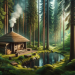 A traditional Estonian smoke sauna with a thatched roof nestled in a lush forest. Smoke gently rises from the rustic wooden structure, surrounded by tall pine trees and a serene pond nearby. Dappled sunlight filters through the trees, creating a peaceful atmosphere.
