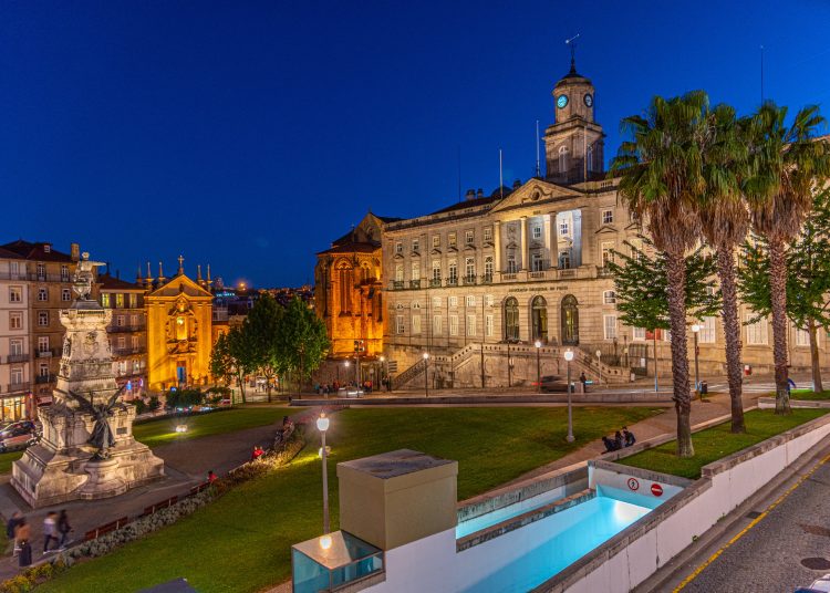 Sunset,View,Of,Palácio,Da,Bolsa,Building,In,Porto,,Portugal