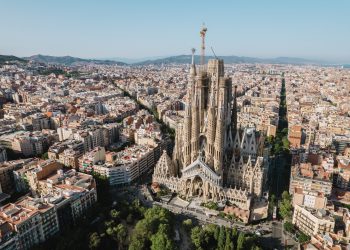 Aerial,View,Shot,Of,La,Sagrada,Familia,Basilica,Barcelona,At
