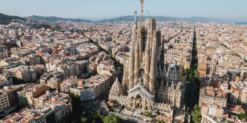Aerial,View,Shot,Of,La,Sagrada,Familia,Basilica,Barcelona,At