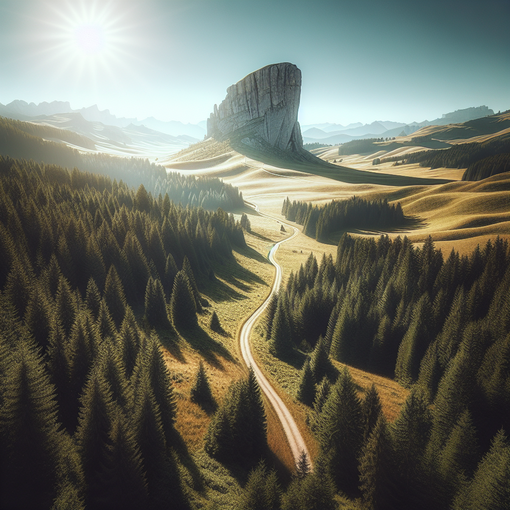 A photorealistic image of the Red Creek Loop in Dolly Sods Wilderness, showcasing the Lion’s Head rock formation along the trail surrounded by diverse ecosystems.