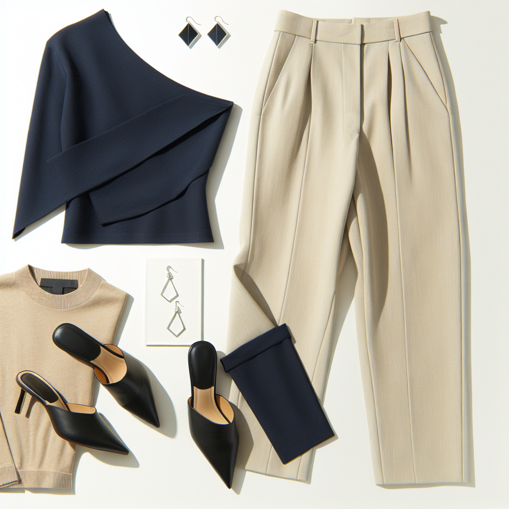 Navy blue asymmetrical one-shoulder top, beige high-waisted trousers with a tapered fit, black pointed-toe mules with a slight heel, silver geometric drop earrings