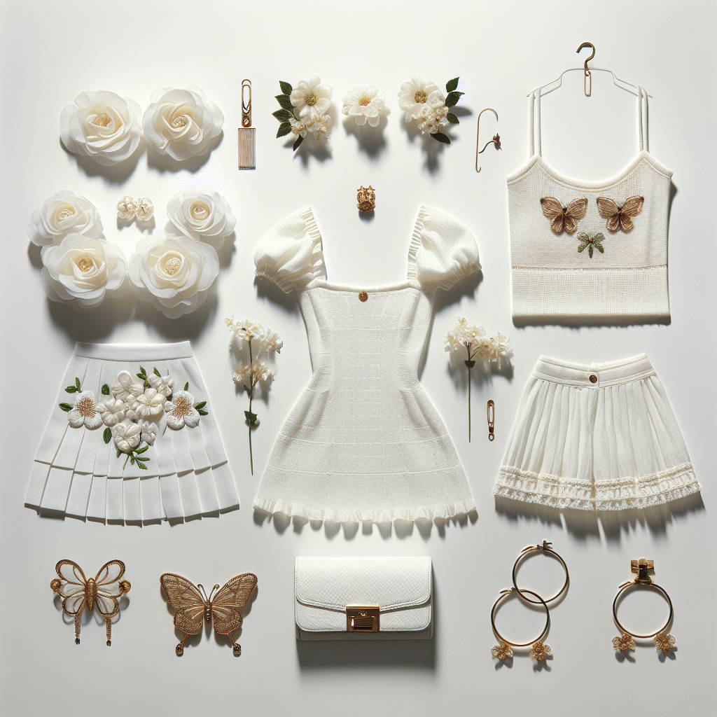 White mini dress with oversized floral rosettes, nude strappy sandals with low heels, gold hoop earrings with tiny flower charms, butterfly motif hair clip