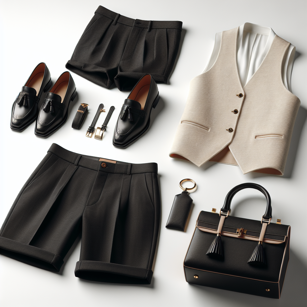 Black tailored knee-length Bermuda shorts, white button-up halter top vest, black leather loafers with tassel, structured beige handbag with minimal gold detailing