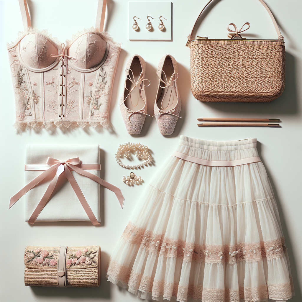 Pastel pink bustier top with delicate lace trim, white tiered midi skirt with subtle floral embroidery, light pink ballet flats with ribbon ties, straw clutch with a dainty bow accent