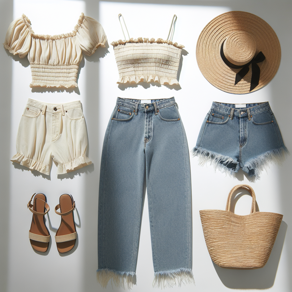 Cream off-shoulder crop top with ruffled sleeves, high-waisted denim capris with frayed hems, tan raffia sandals with ankle straps, wide-brimmed straw hat with a black ribbon, woven straw tote bag with fringe detailing