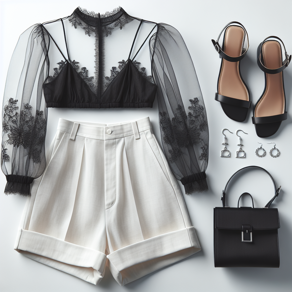 Sheer black blouse with intricate lace details, white high-waisted shorts with a tailored fit, black ankle-strap sandals with block heels, silver dangling earrings