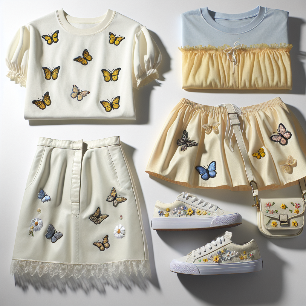 Light blue T-shirt with embroidered butterfly motifs, yellow bubble skirt with a subtle sheen, white canvas sneakers with butterfly patches, small crossbody bag with flower appliqués