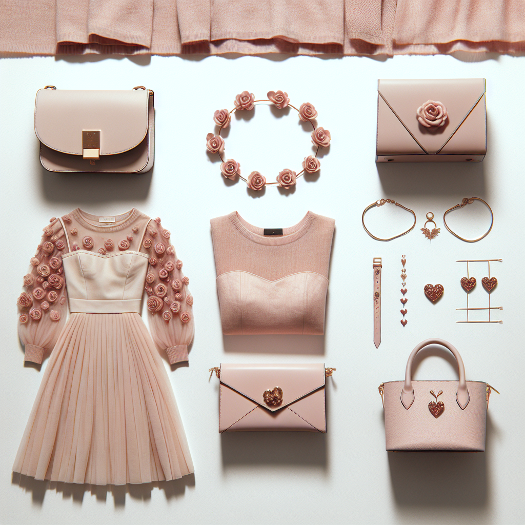 Blush pink midi dress with oversized rosette embellishments, nude lace-up sandals, rose gold bracelet with tiny heart charms, rose motif hairpin