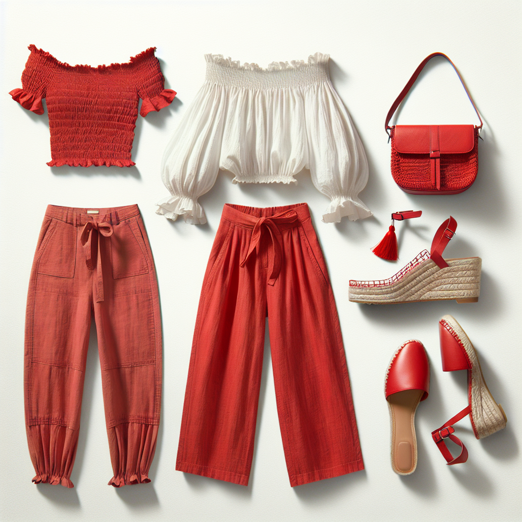Bright red capris with a relaxed fit, white off-shoulder top with puffed sleeves, red espadrille wedges, red crossbody bag with a tassel
