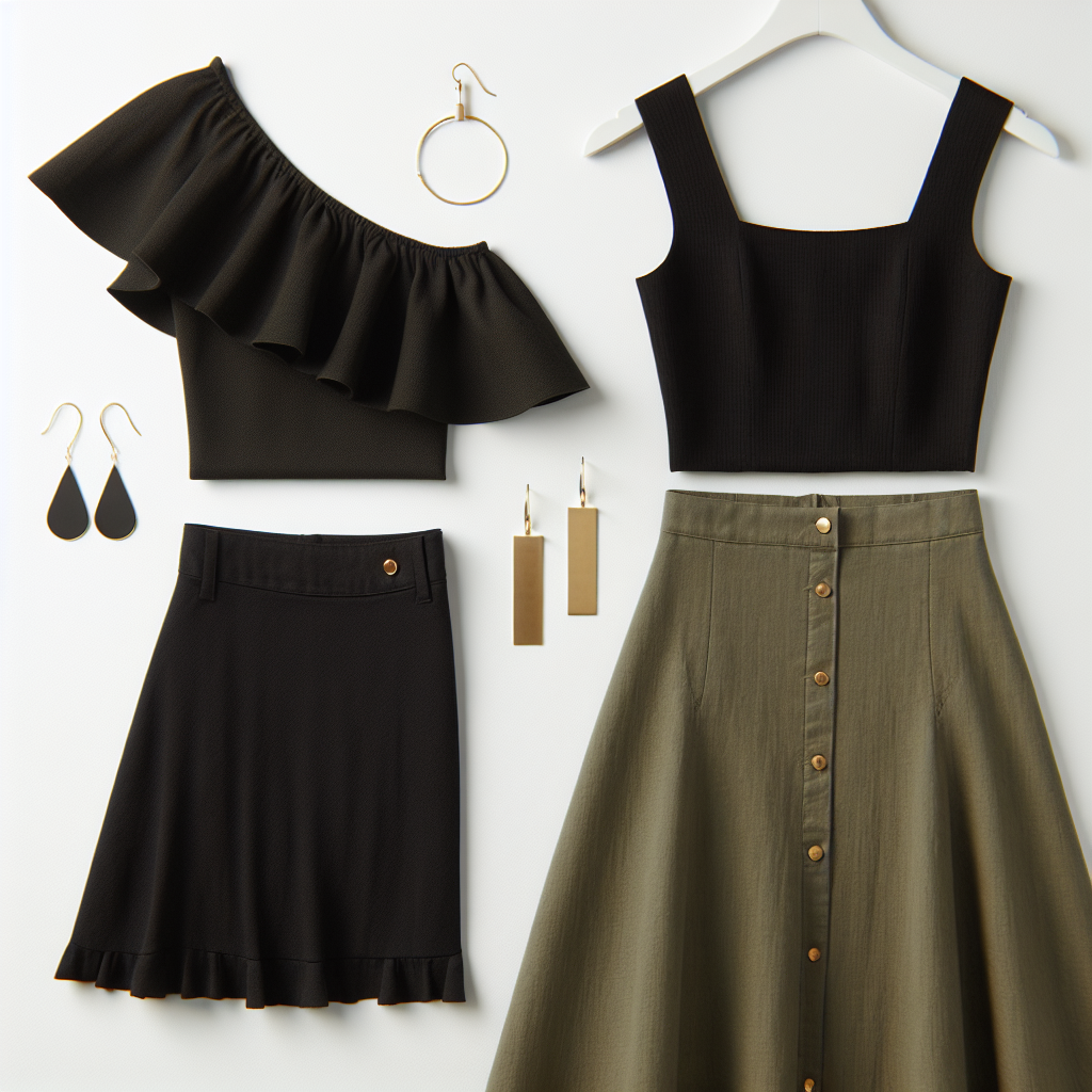 Black one-shoulder top with a ruffled sleeve, olive green A-line midi skirt, and gold asymmetrical earrings