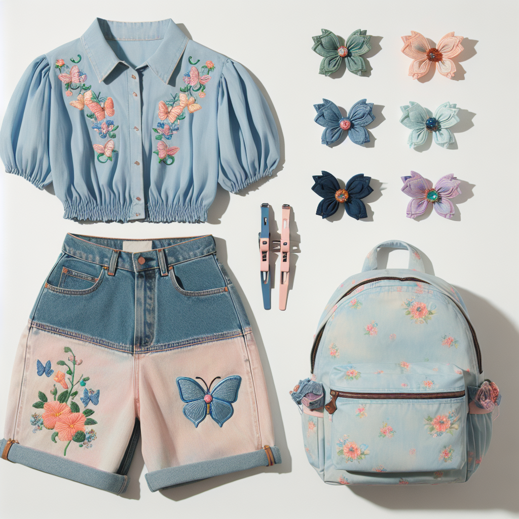 Light blue blouse with embroidered butterfly motifs, denim Bermuda shorts with a high waist, and flower-shaped hair clips