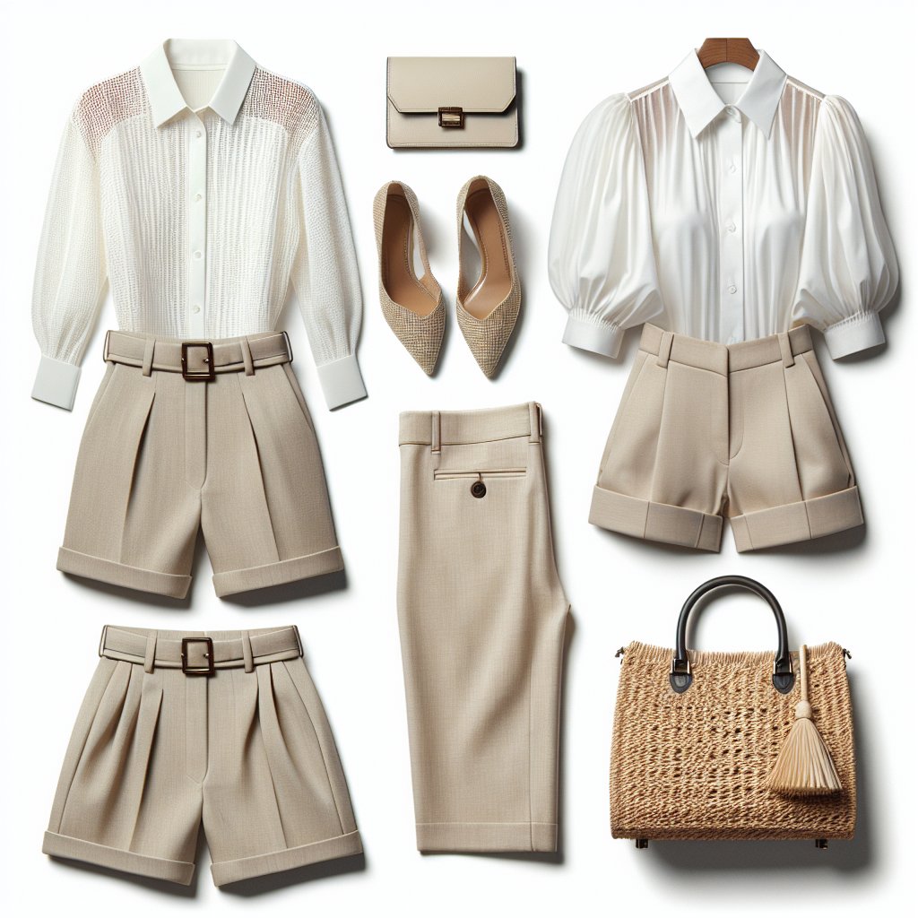 Beige knee-length Bermuda shorts with a tailored fit, white button-up blouse with puff sleeves, and straw-textured handbag with fringe details