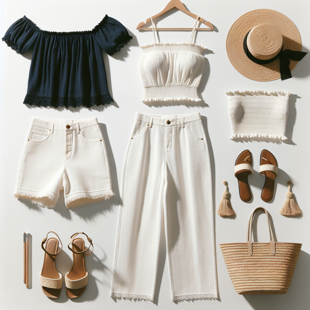 Navy off-shoulder top with Bardot neckline, white capri pants, and tan raffia sandals with braided straps