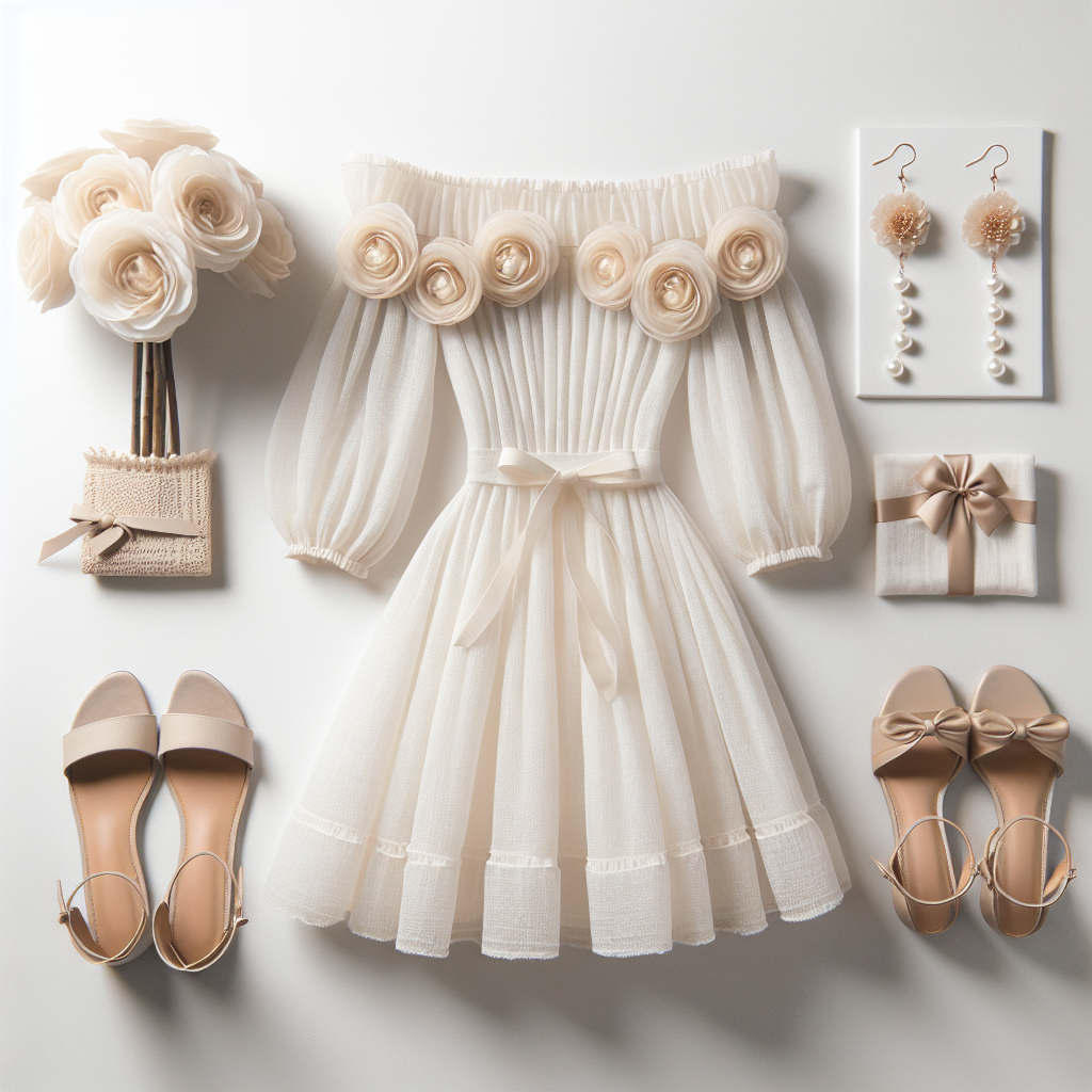 White off-shoulder dress with oversized rosette embellishments, nude strappy sandals with low heels, and pearl drop earrings