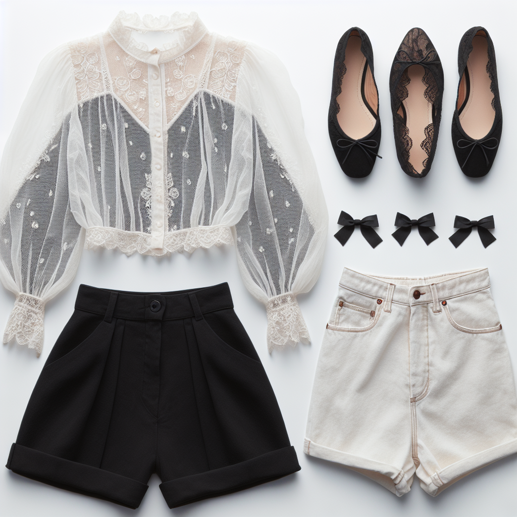 Sheer white blouse with intricate lace details, black high-waisted shorts, and black ballet flats with bow accents
