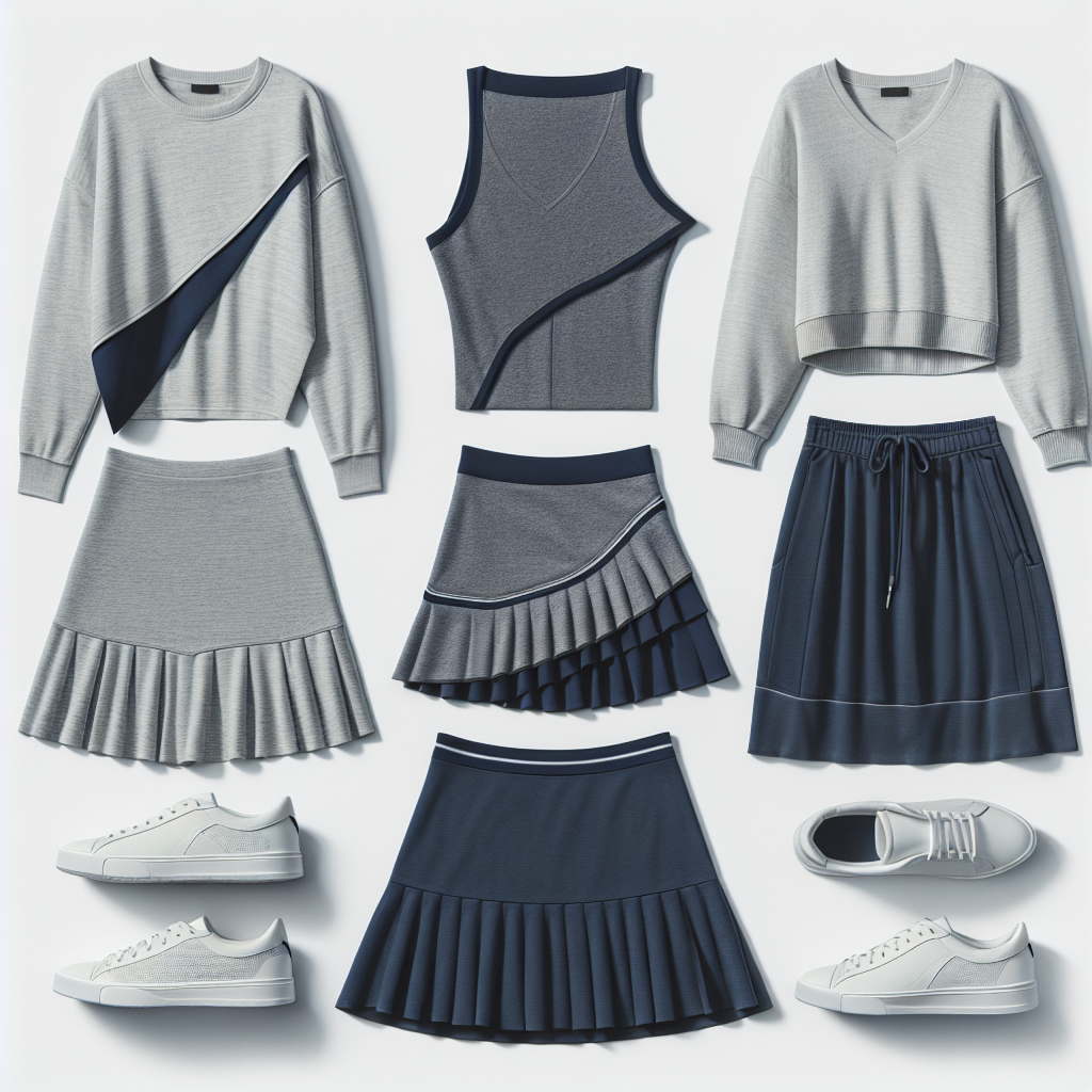 Light grey asymmetrical top with a diagonal hem, navy blue tennis skirt, and white slip-on sneakers