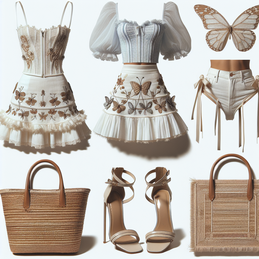 White tiered mini skirt with embroidered butterfly motifs and medium-sized straw handbag