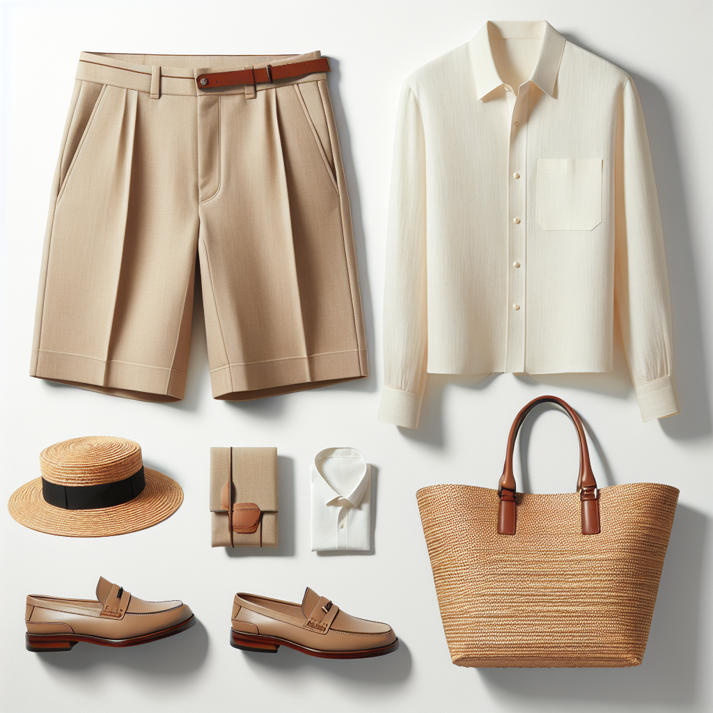 Beige tailored knee-length Bermuda shorts and structured straw tote bag