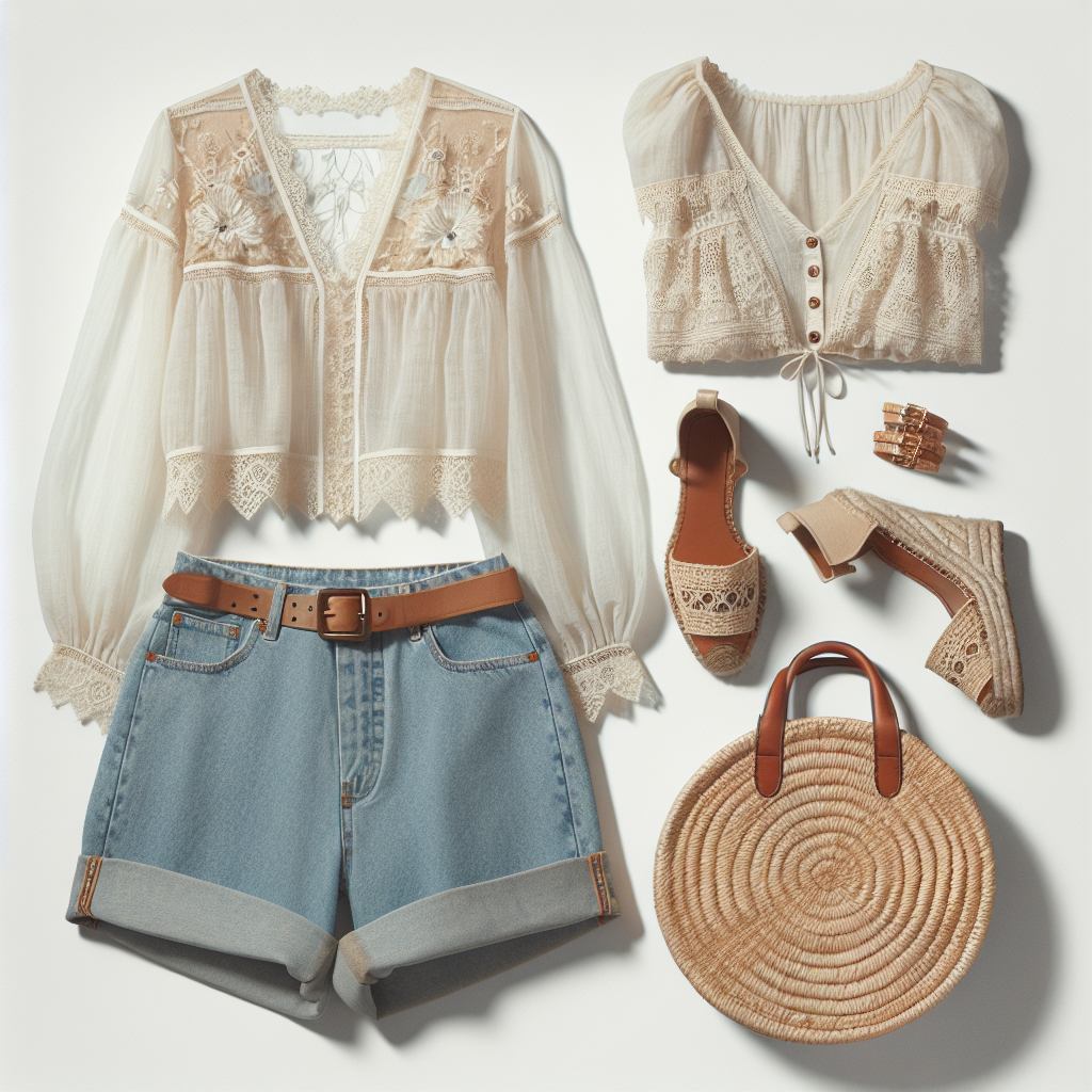 Sheer white blouse with lace detailing and round straw bag