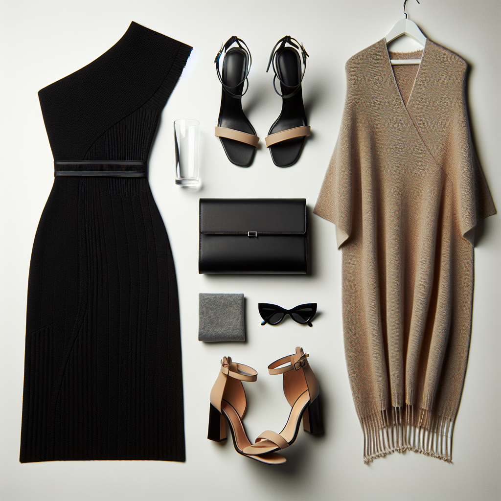 Black one-shoulder midi dress and sleek black clutch