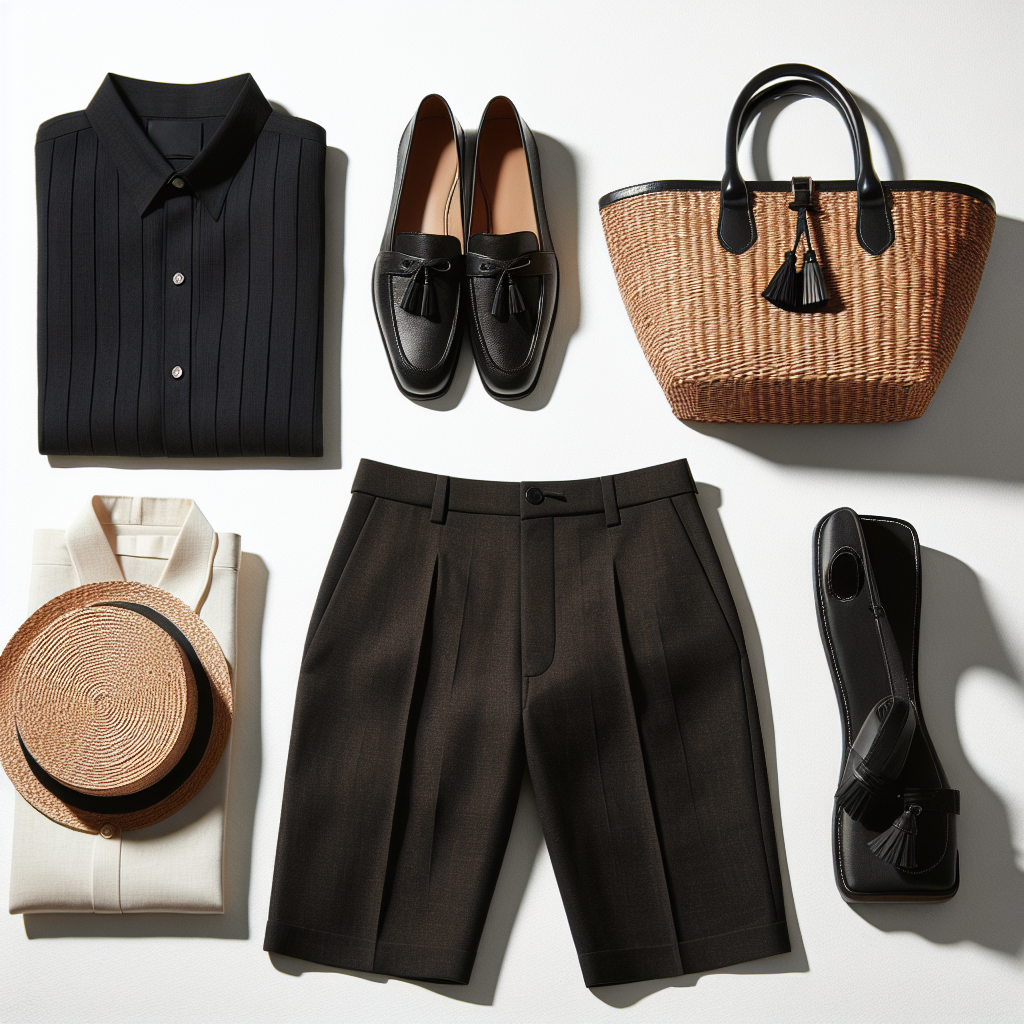 Black tailored knee-length Bermuda shorts, white button-up halter top vest, and black leather loafers with tassel