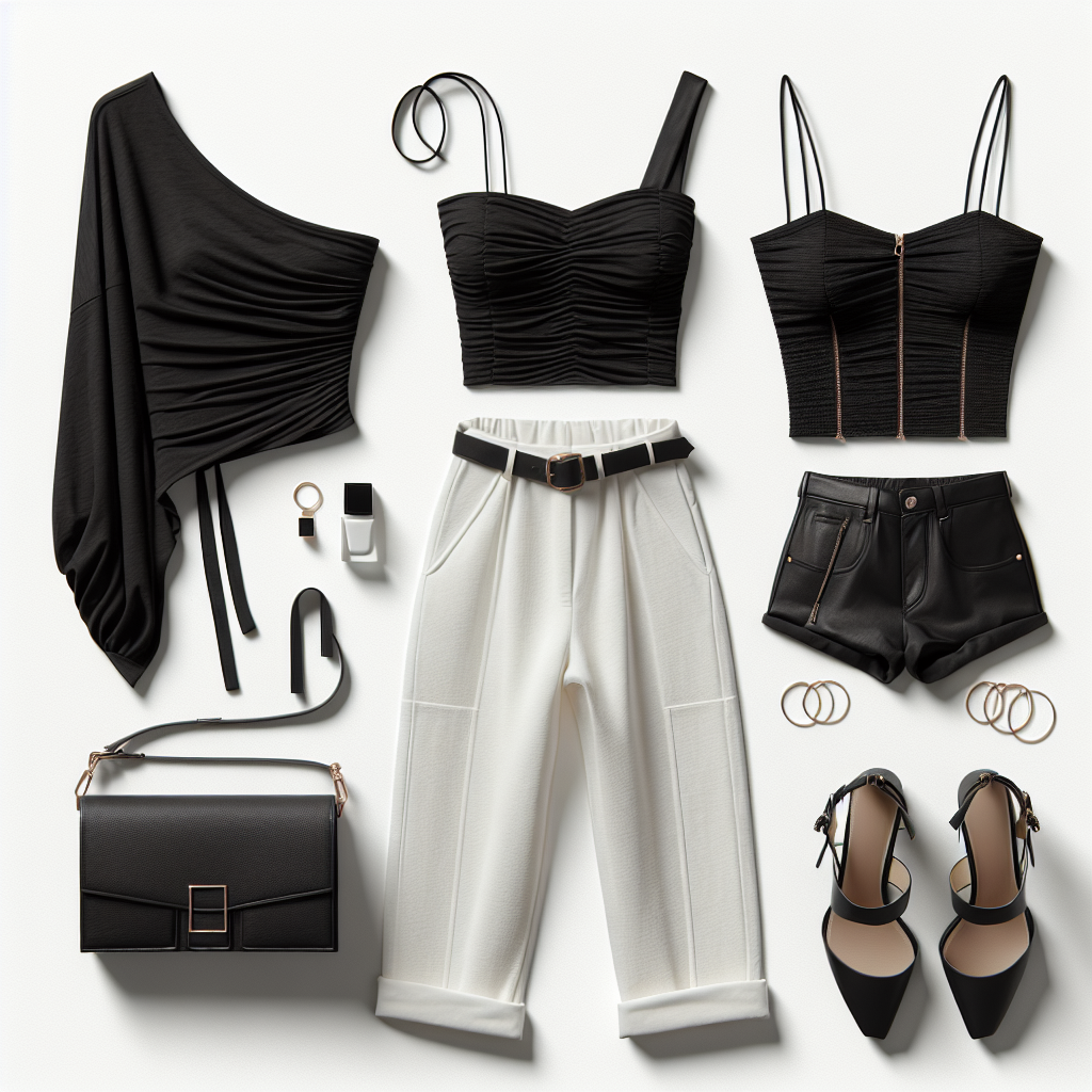 One-shoulder black top with ruched detailing, high-waisted white capris, and black strappy heels