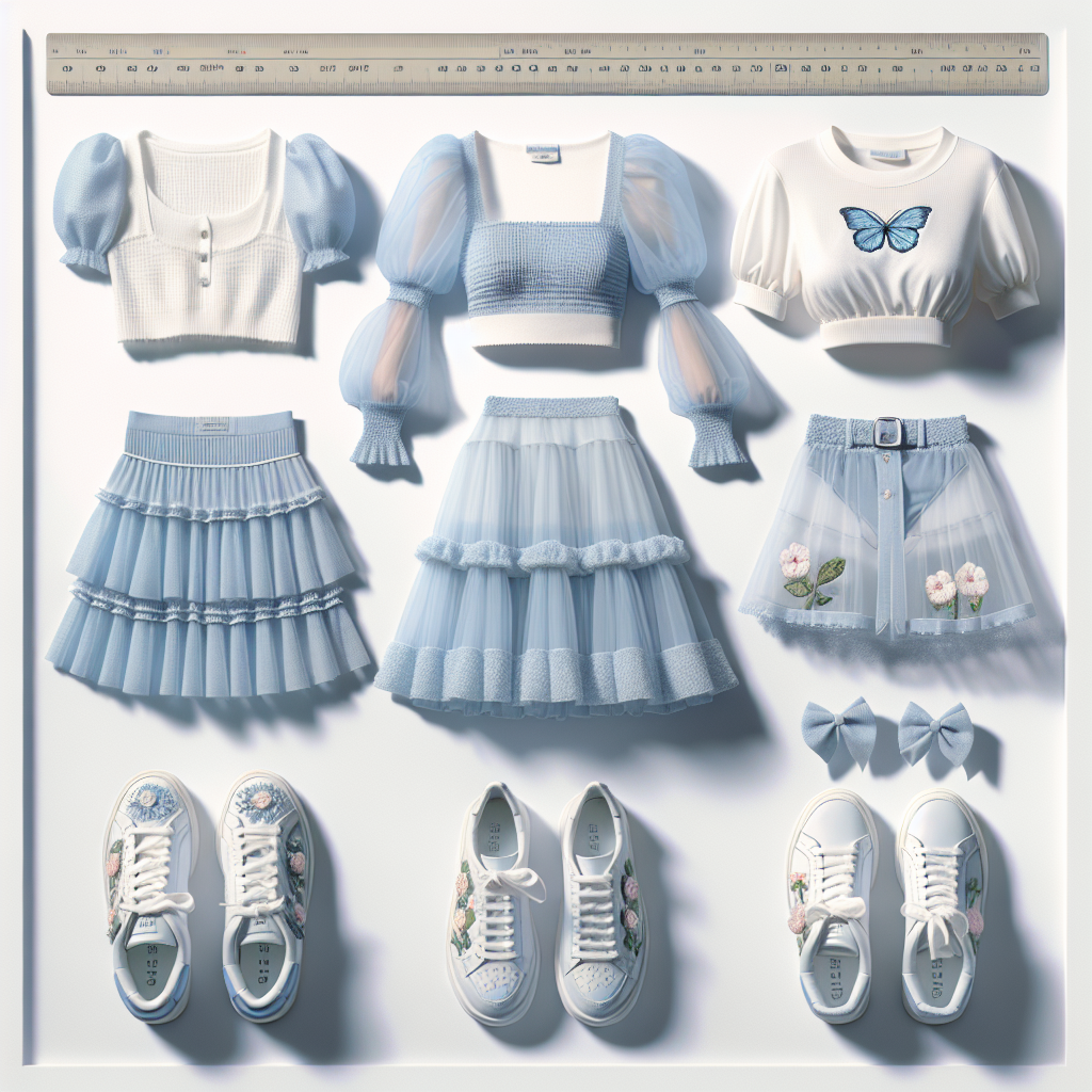 Baby blue tiered mini skirt, white crop top with puff sleeves, and white sneakers with embroidered butterflies