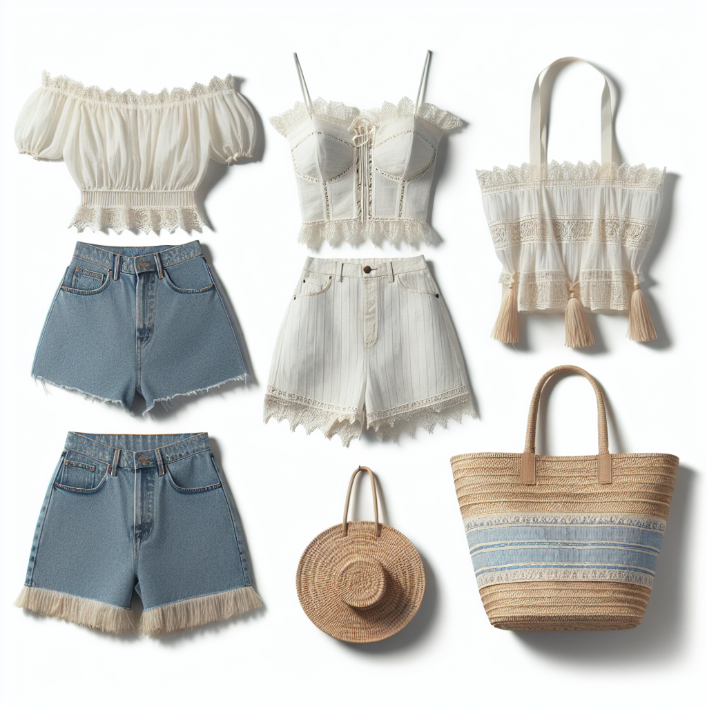 White off-shoulder Bardot top, light blue denim Bermuda shorts, and tan espadrille wedges