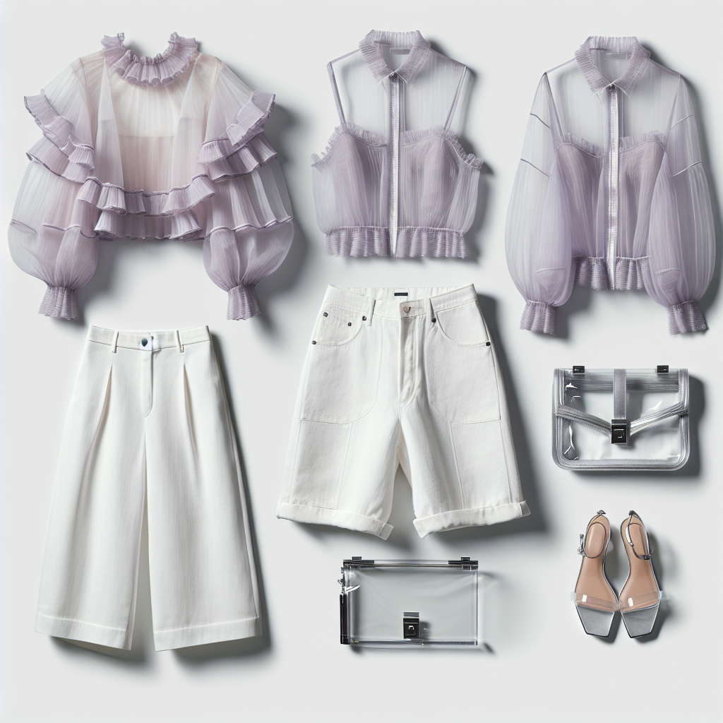 Sheer lavender blouse with a ruffled collar, white high-waisted capris, and nude block heel sandals