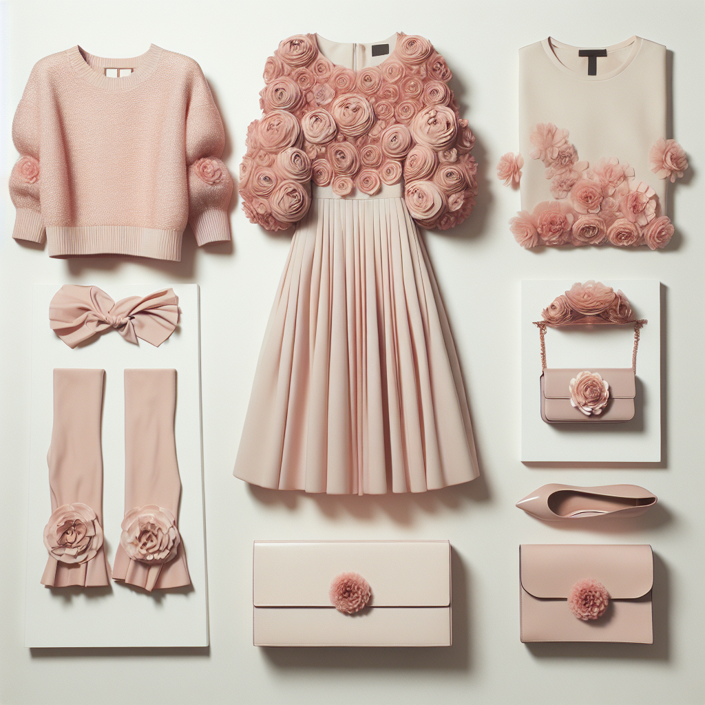 Light pink midi dress with oversized rosette embellishments and nude strappy sandals