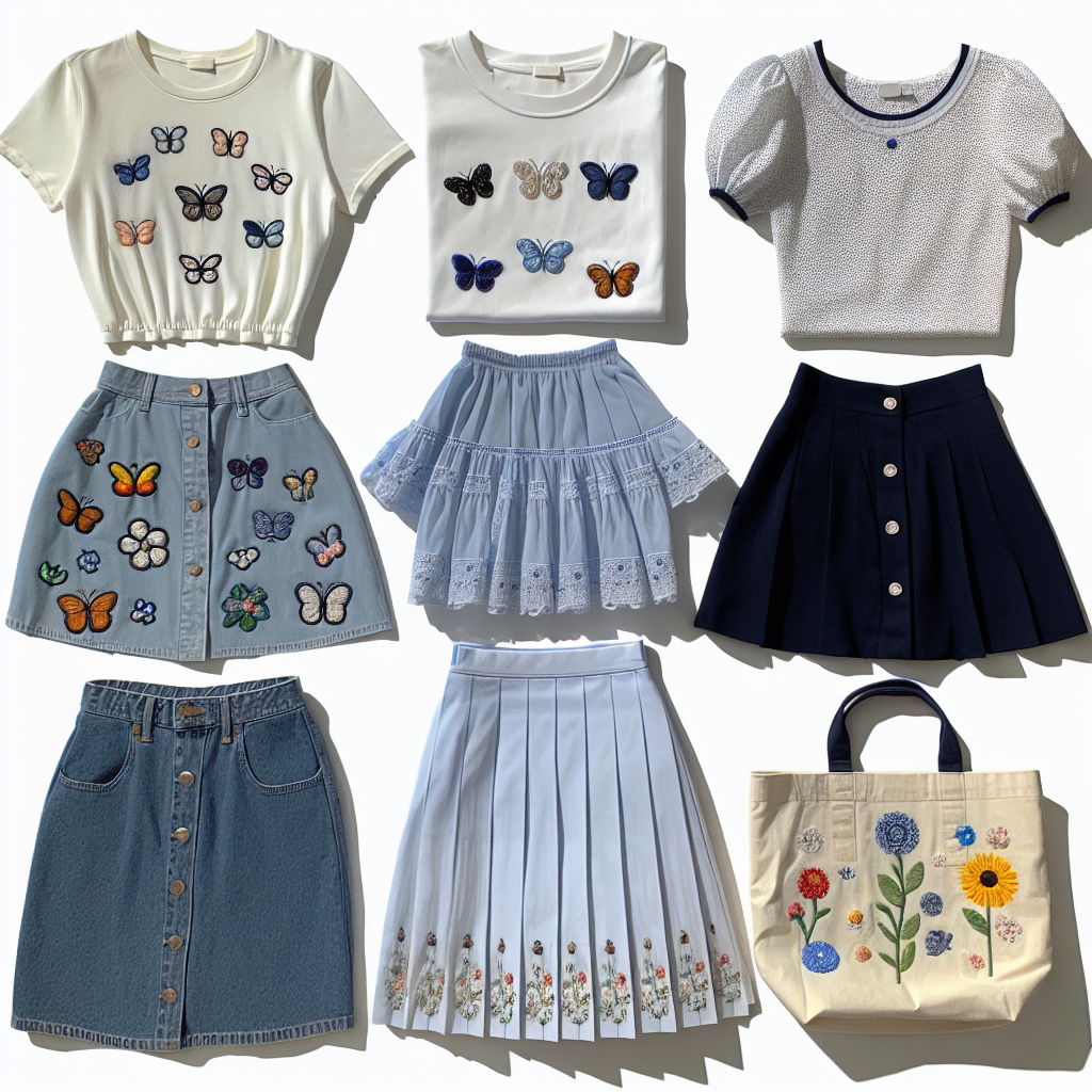 White t-shirt with embroidered butterfly motifs, navy blue tennis skirt, and white slip-on sneakers