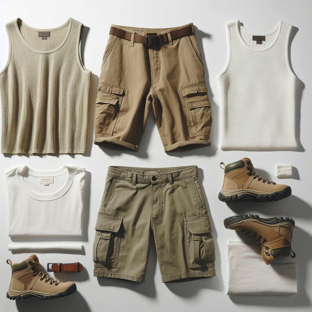 Olive green utility shorts, white tank top with a scoop neckline, and tan hiking boots