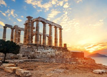 Sunset,At,Temple,Of,Poseidon,Near,Athens,,Greece.