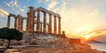 Sunset,At,Temple,Of,Poseidon,Near,Athens,,Greece.