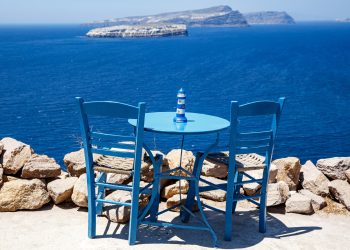 Wooden,Blue,Table,And,Chair,On,The,Shore,Of,The