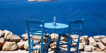 Wooden,Blue,Table,And,Chair,On,The,Shore,Of,The