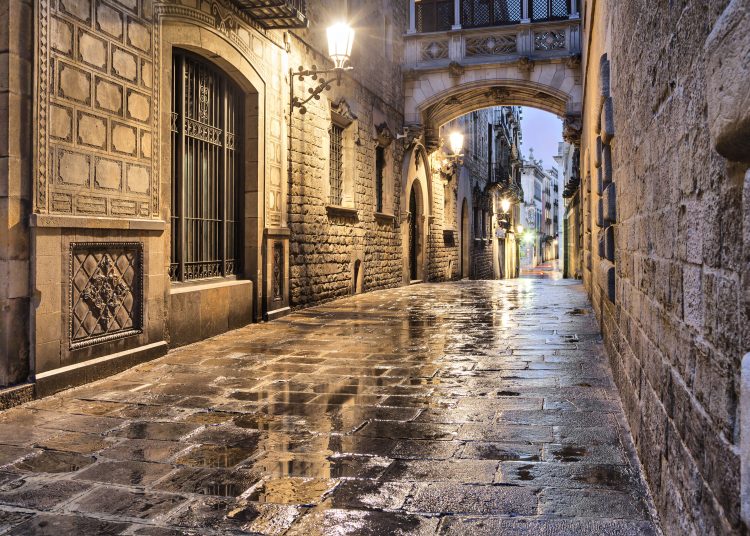 Narrow,Street,Carrer,Del,Bisbe,In,Gothic,Quarter,,Barcelona,,Spain