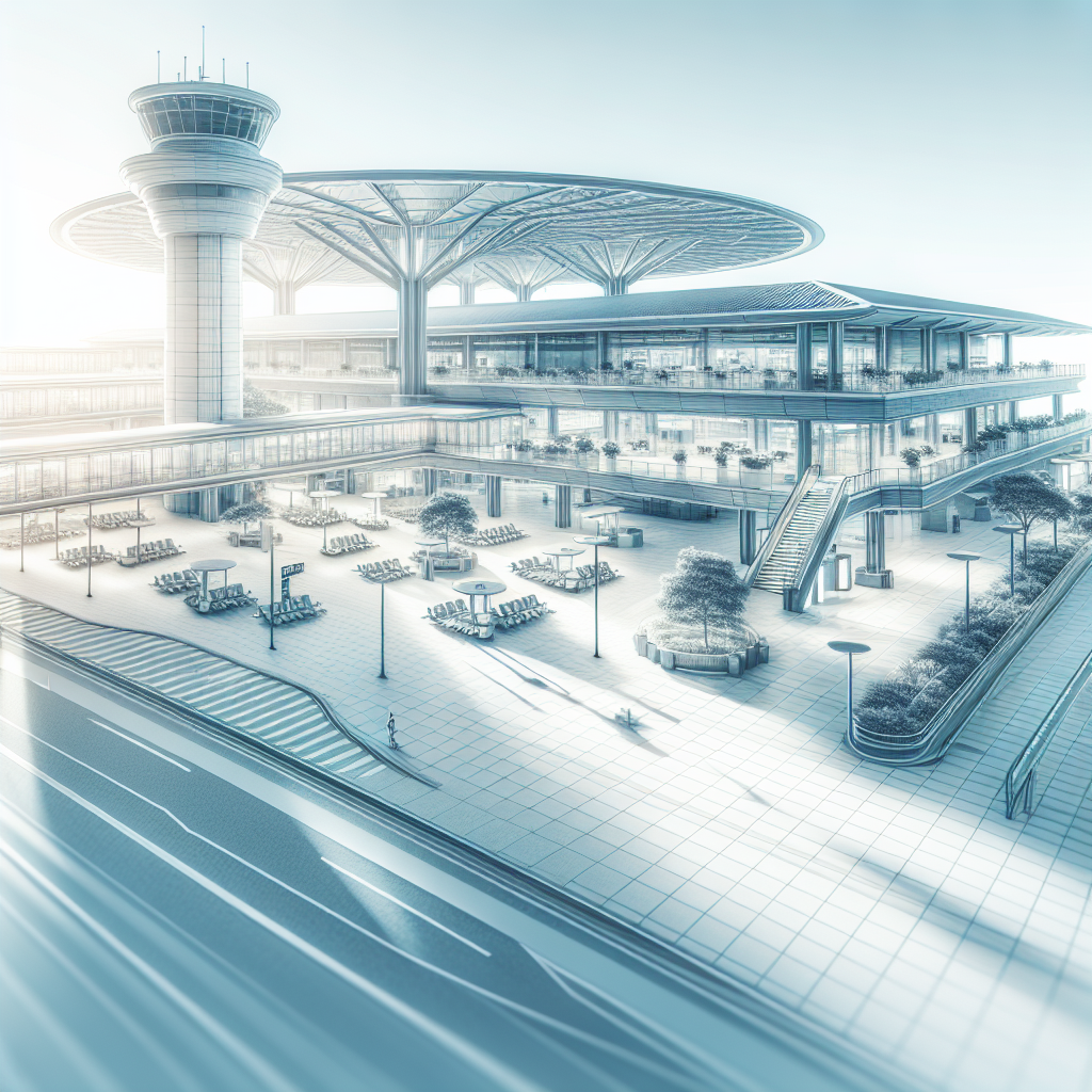 airport in Hong Kong with terminals & hotels under bright lighting