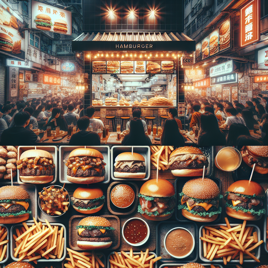 hamburger_restaurant in Hong Kong with burgers & fries under warm lighting